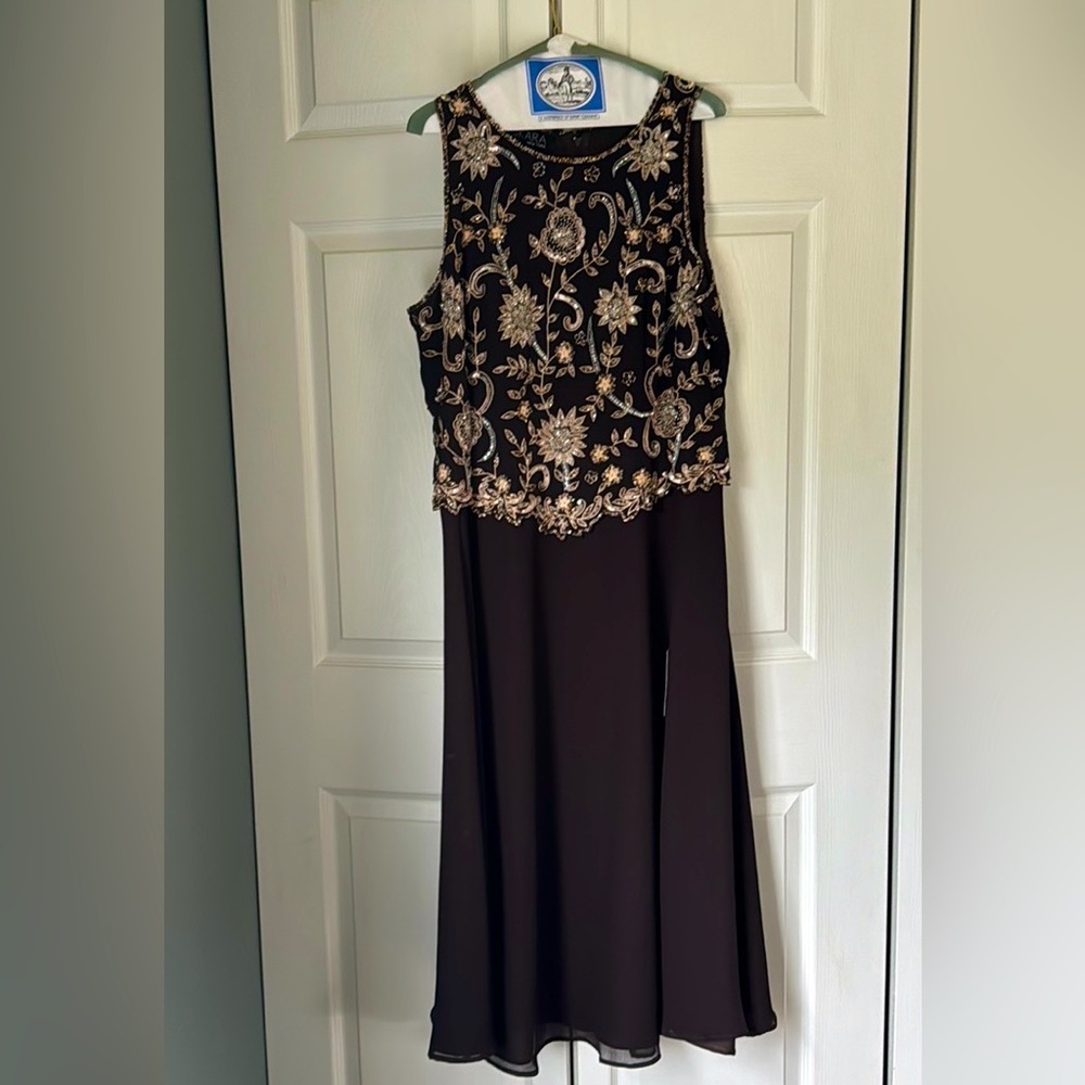 Women’s brown, beaded, lined chiffon evening dress.